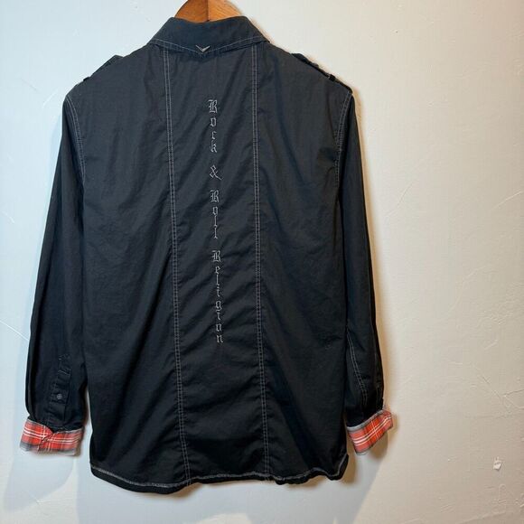Fender Black Button Up Reversible Cuff Men's Shirt Medium Rock and Roll Religion - Picture 10 of 16